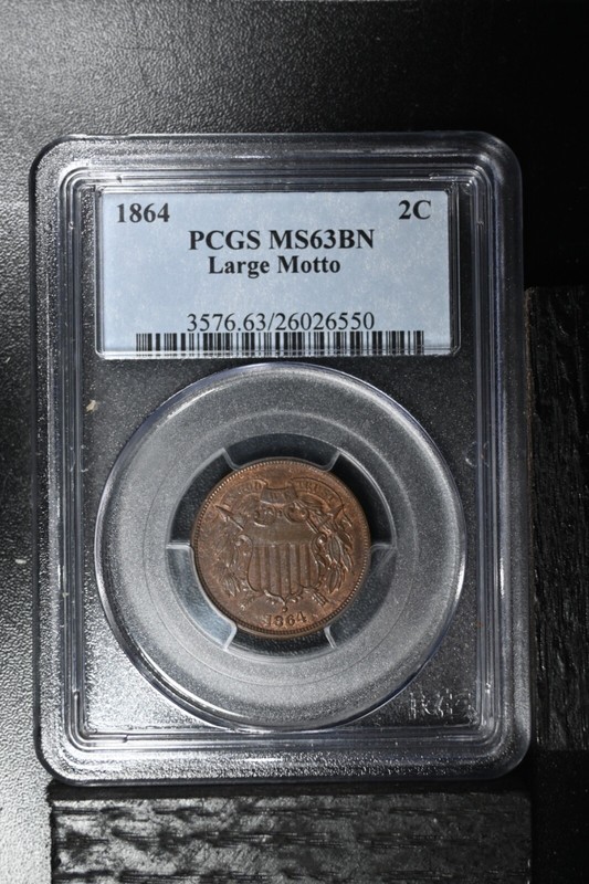 Coins: US, 1864 PCGS MS63BN 2 Cent Large Motto