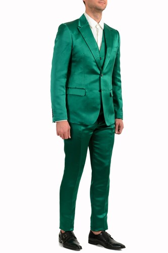 Pre-owned Dolce & Gabbana Men's 100% Silk Emerald Green Two Button Three Piece Suit