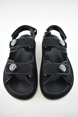 Pre-owned Chanel 21c Black Fabric Silver Logo Mule Slide Strap Flat Teva Dad Sandal 37.5