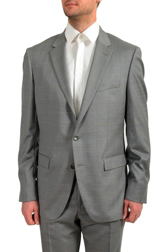 Pre-owned Hugo Boss Men's "t-harvers4/glover3" Slim Fit Plaid Silk Wool Two Button Suit In Gray/gold