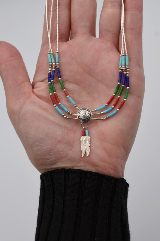 Collier AmÃ©Rindien Vintage Zuni En Argent Motifs De Plumes Perles Multicolores