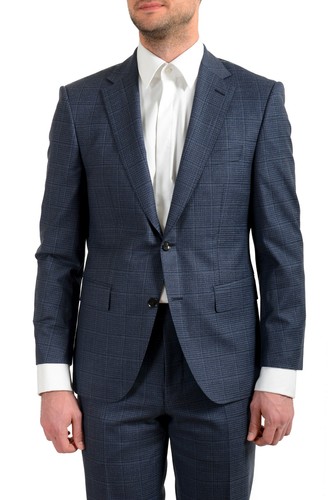 Pre-owned Hugo Boss Men's "t-jarrod/lone" Regular Fit 100% Wool Plaid Two Button Suit In Blue