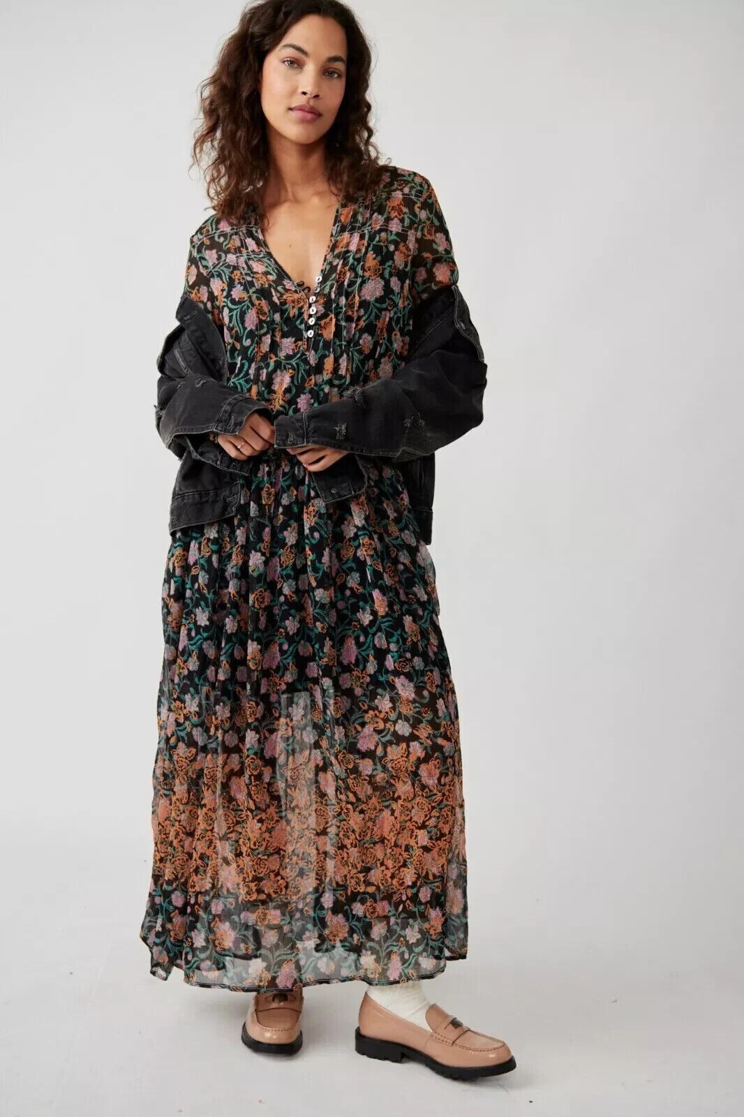 Free People See It Through Dress Women's L Multi Floral V-Neck Pullover L/S - Picture 1 of 18