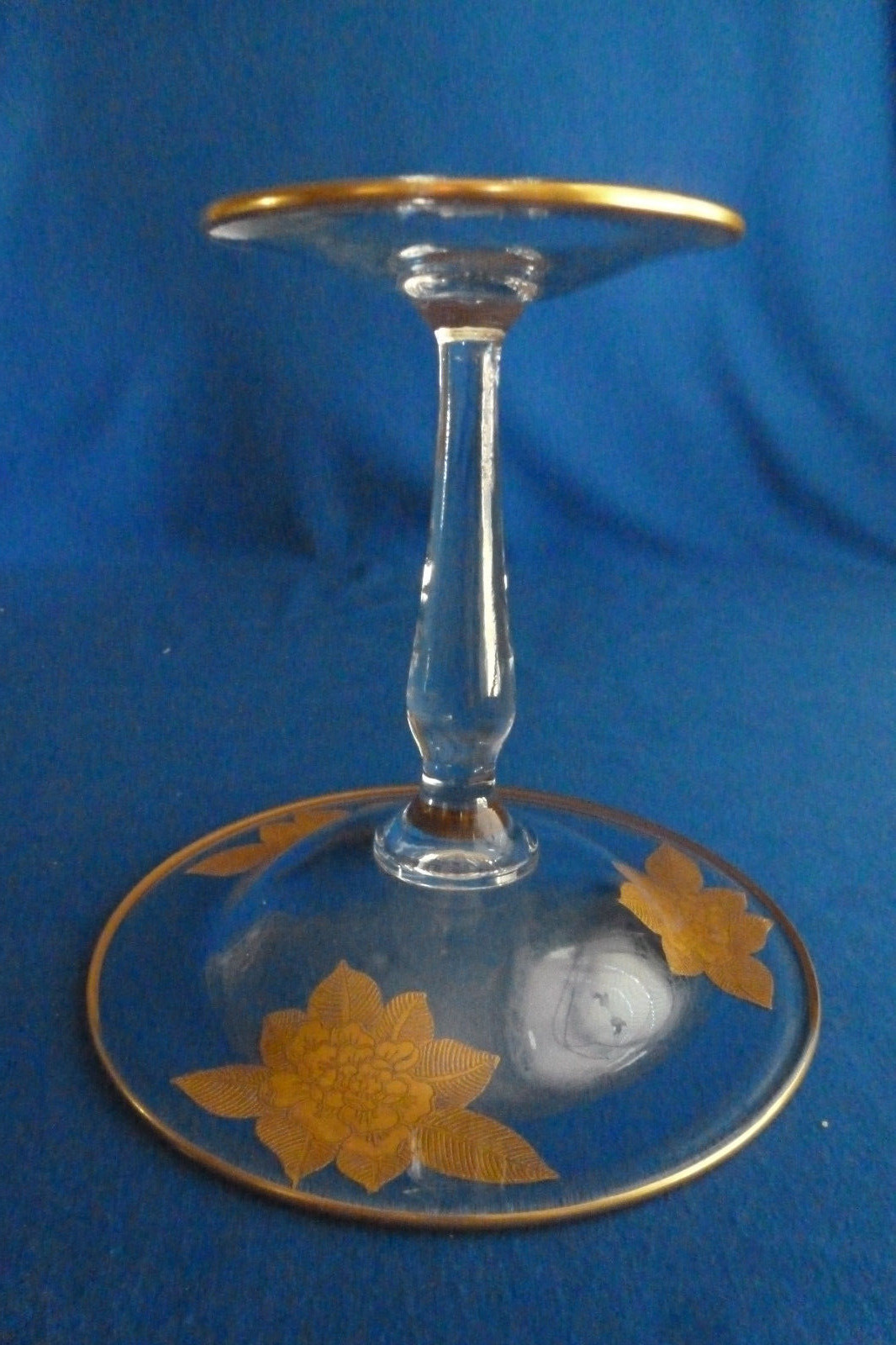 Clear Glass Pedestal Candy Dish W/Gold Embossed Flowers & Gold Trim