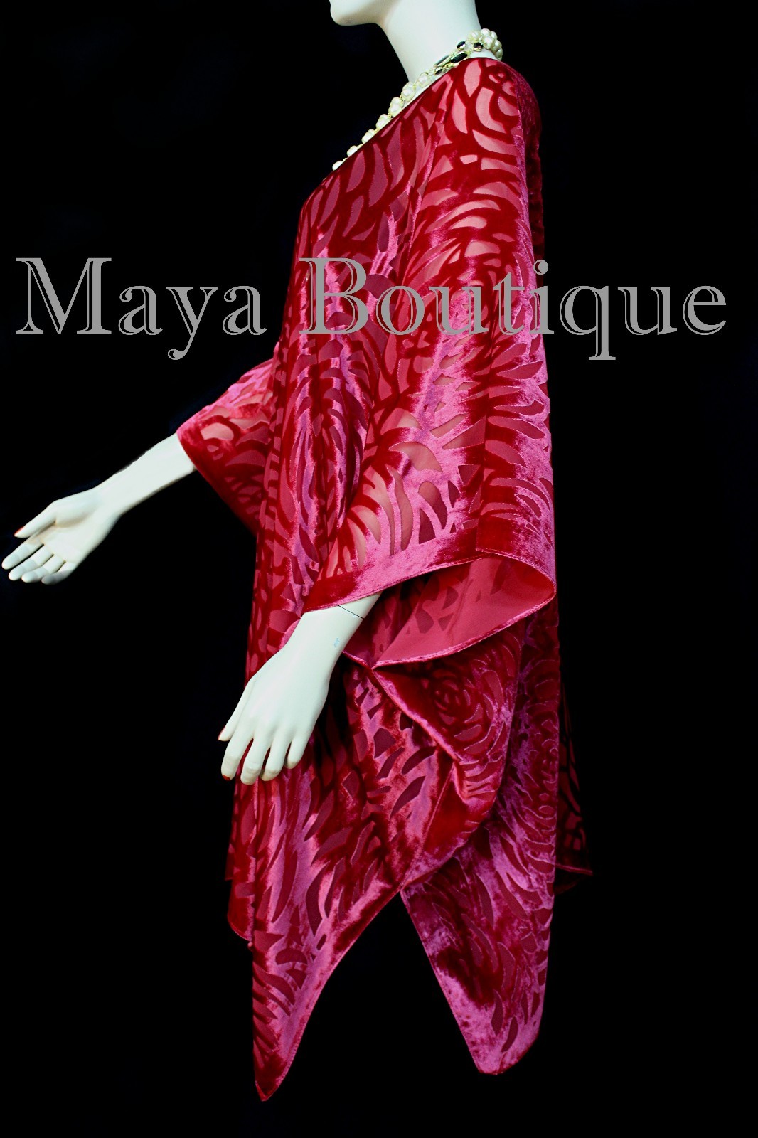 Pre-owned Maya Matazaro True Red Camellia Burnout Velvet Caftan Kimono Jacket Usa Made