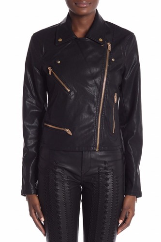 NWT BLANKNYC Denim Faux Leather Moto Jacket - Black / Gold