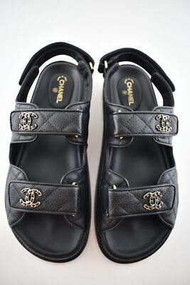Pre-owned Chanel Rev Black Caviar Gold Cc Logo Mule Slide Strap Flat Teva Dad Sandal 39.5