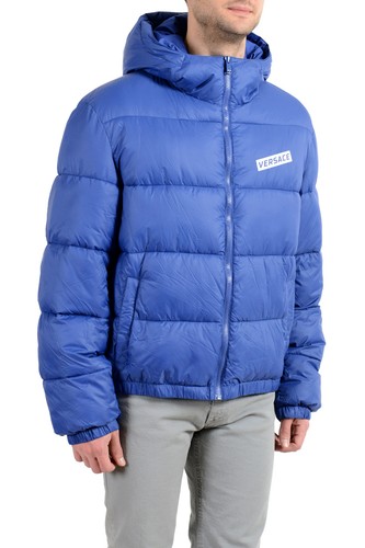 Pre-owned Versace Men's Blue Logo Full Zip Hooded Parka Jacket Sz S M L Xl 2xl