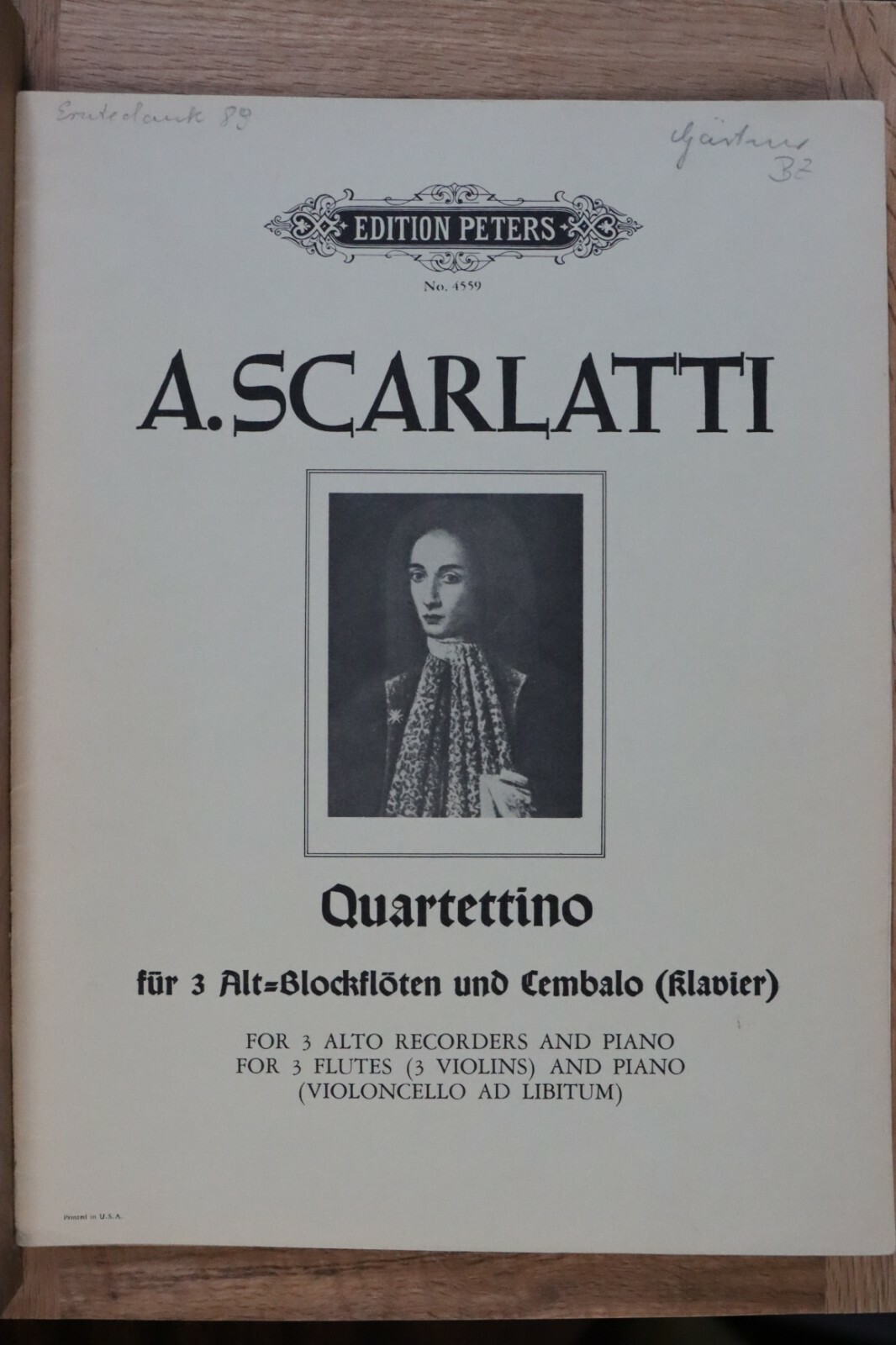 A. Scarlatti - Quartettino für 3 Alt-Blockflöten, und Cemballo (Klavier)