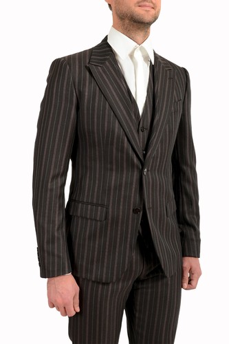 Pre-owned Dolce & Gabbana Men's 100% Wool Striped Two Button Three Piece Suit In Gray