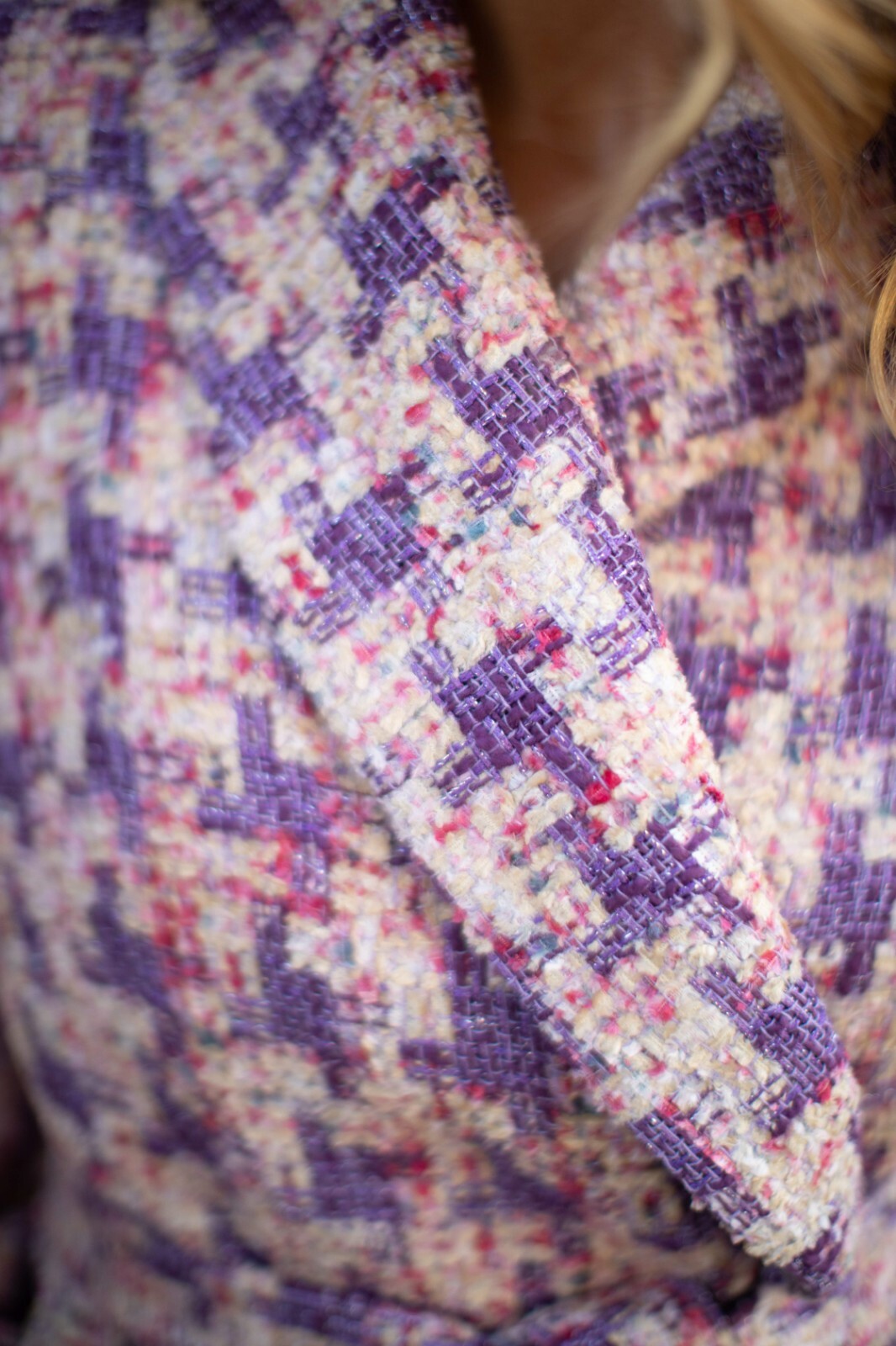Pre-owned Studio Women´s Tweed Jacket Boucle Cotton Blend Pink Lilac Houndstooth Oversized