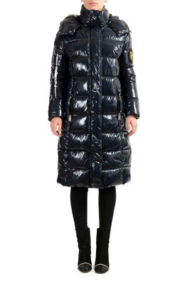 Plein Sport Women's Navy Blue Hooded Logo Print Zip Up Long Parka Jacket
