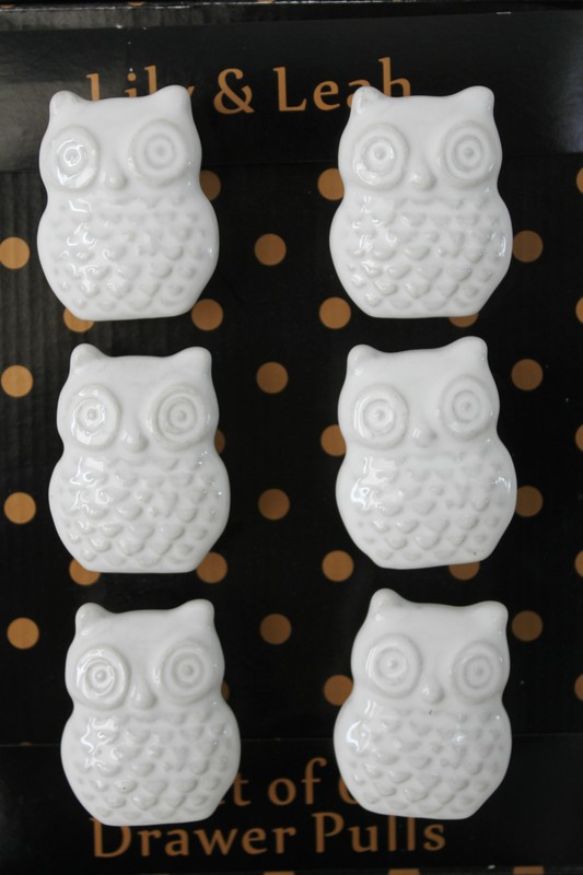 Set Of 6 White Ceramic Owls Drawer Pulls Knobs Cabinet Handles