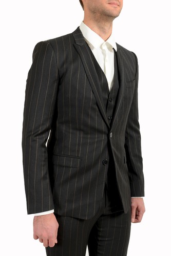 Pre-owned Dolce & Gabbana Men's "gold" 100% Wool Striped Two Button Three Piece Suit In Gray/beige