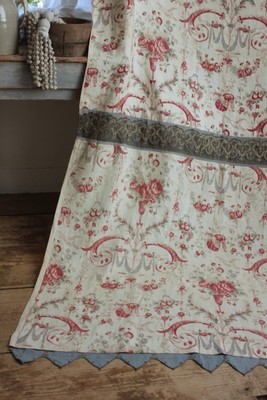 Floral Curtain Antique French LINEN hand block printed panel STUNNING Rococo