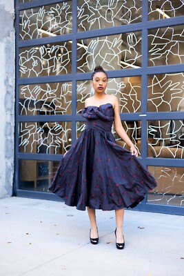 CEIL CHAPMAN Pinup Dress Blue Red Cherries 1950 s Vintage Rockabilty Size Small