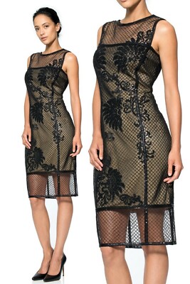 Pre-owned Tadashi Shoji Grid Corded Sequin Lace Illusion Tulle Sheath Dress In Black