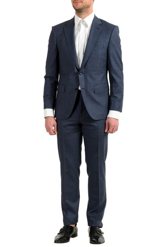 Pre-owned Hugo Boss Men's "t-jarrod/lone" Regular Fit 100% Wool Plaid Two Button Suit In Blue