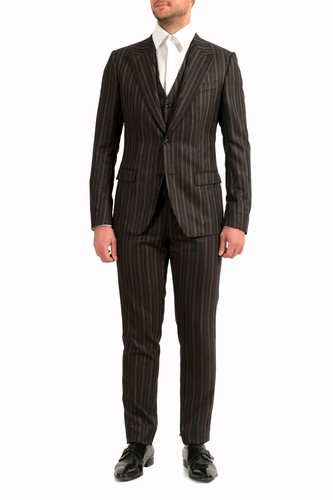 Pre-owned Dolce & Gabbana Men's 100% Wool Striped Two Button Three Piece Suit In Gray