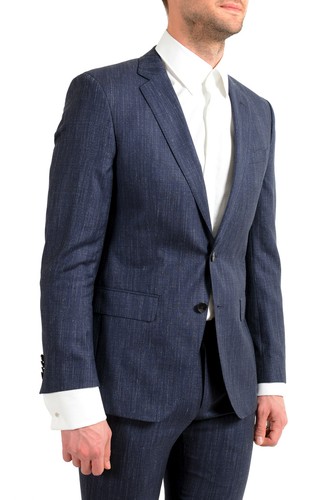 Pre-owned Hugo Boss Men's "huge6/genius5" Slim Fit Blue Wool Silk Linen Two Button Suit