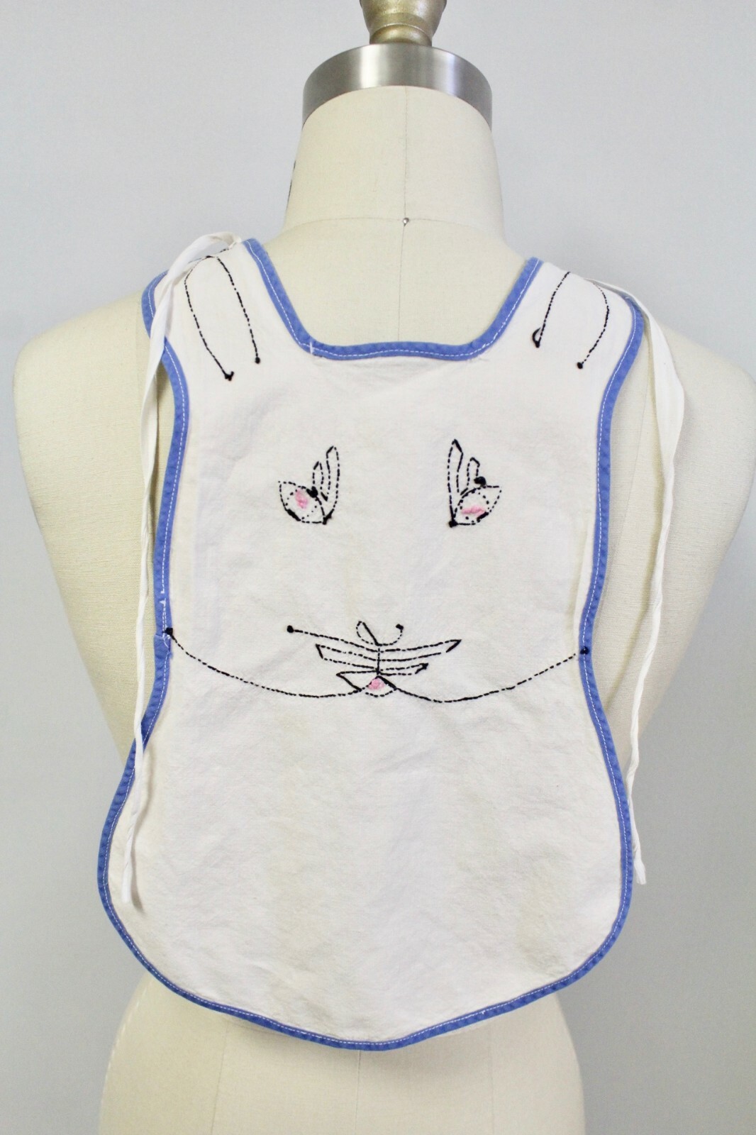 Vintage 1920s Art Deco baby bib Bunny Face Blue Piping Adorable Peg Hanger