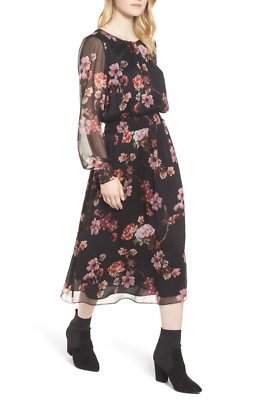 

VINCE CAMUTO Черный шифоновый блузон Garden Fleur с цветочным принтом, копченый миди XXS 00, Multicolor