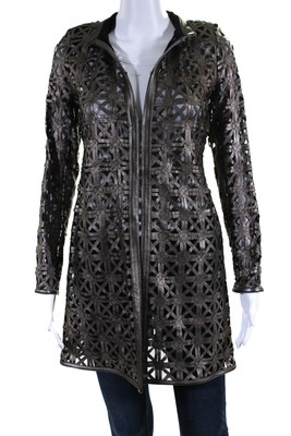 TRANSIT IN TRANSIT WOMENS LASER CUT METALLIC MESH LEATHER JACKET BROWN BLACK SIZE MEDIUM