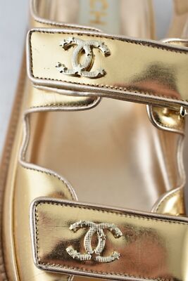 Pre-owned Chanel 22c Golden Gold Laminated Cc Logo Mule Slide Strap Flat Dad Sandal 36.5
