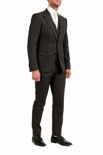 Pre-owned Dolce & Gabbana Men's 100% Wool Striped Two Button Three Piece Suit In Gray