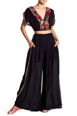 

FREE PEOPLE Черный укороченный топ из двух предметов с цветочной вышивкой + широкие брюки  США М, Multicolor