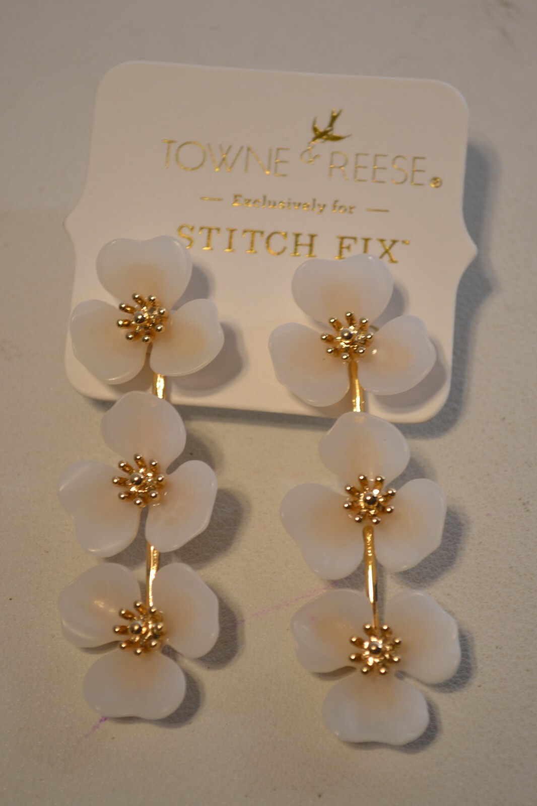 Towne & Reese Triple Flower Drop Earrings White/Gold Color