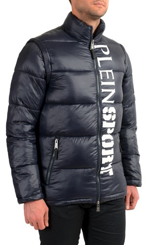 PLEIN SPORT PLEIN SPORT HERREN MARINEBLAU LOGO AUFDRUCK REISSVERSCHLUSS PARKA WESTE MIT ÄRMEL
