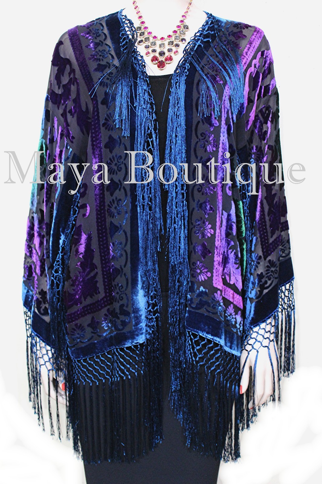 Pre-owned Maya Matazaro Tye Dye Teal Multi Short Fringe Jacket Kimono Burnout Velvet