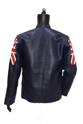 HANDMADE UK FLAGGE HERREN MARINEBLAU BIKER VINTAGE STYLE MOTORRAD CAFE RACER LEDERJACKE