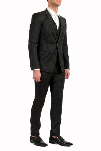Pre-owned Dolce & Gabbana Men's "gold" 100% Wool Striped Two Button Three Piece Suit In Gray/beige