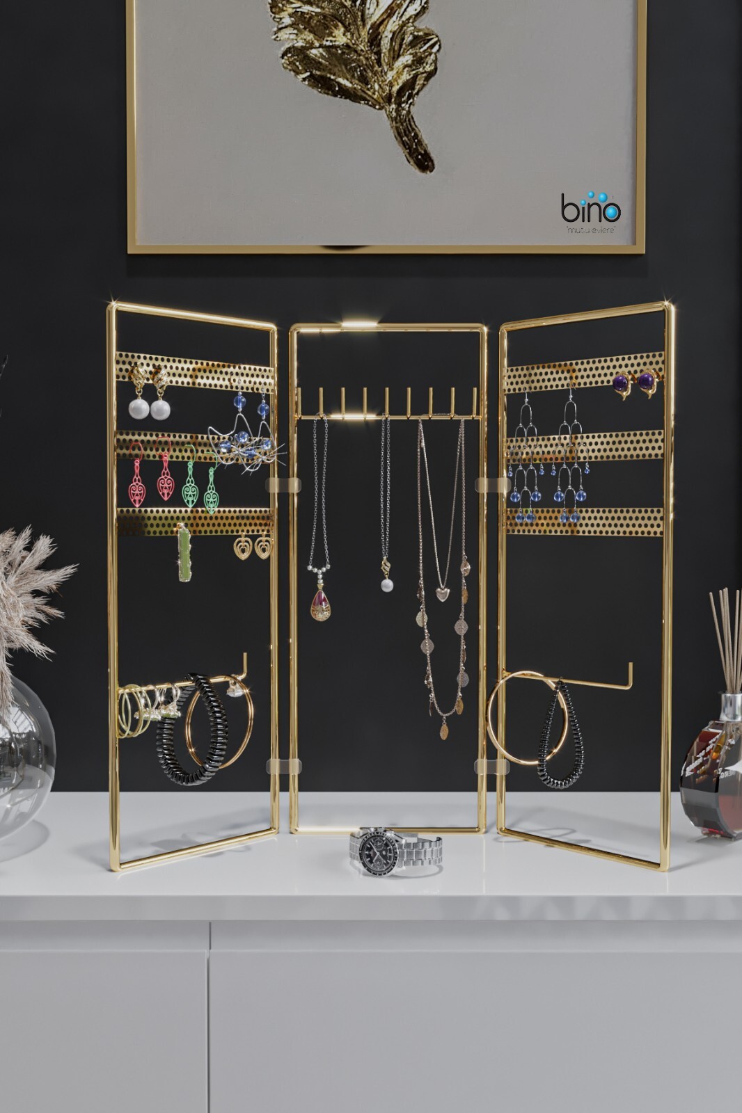 Jewelry Organizer Stand Display Foldable Holder Storage, Gold, Rings, Earrings