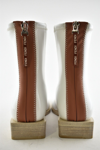 Pre-owned Fendi White Patent Neoprene Stretch Logo Sock Ankle Combat Chelsea Boot 36.5