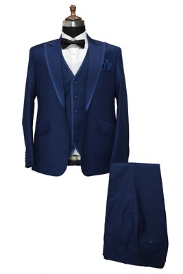 Pre-owned Handmade Men Blue Suits Designer Elegant Wedding Dinner Suits (coat+vest+pant)