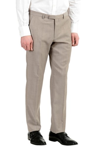 Pre-owned Hugo Boss "jeffery/simmons182" Men's 100% Wool Beige Two Button Suit