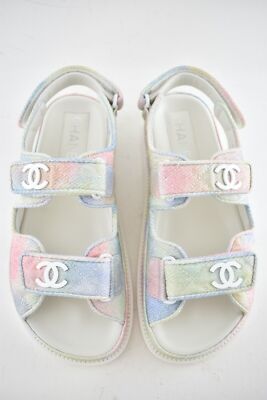 Pre-owned Chanel 22c Green Pink Blue White Cc Logo Mule Slide Strap Flat Dad Sandal 38 In Multicolor