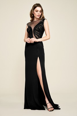 

НОВОЕ TADASHI SHOJI Черное телесное кружевное прозрачное платье с высоким разрезом  США L, Черный