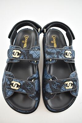 Pre-owned Chanel 21a Blue Black Grey Denim Cc Logo Mule Slide Strap Flat Dad Sandal 37