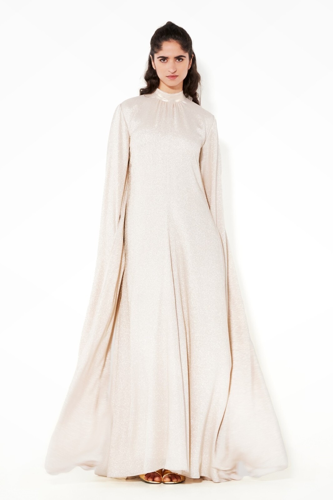 Pre-owned Style Beige Gold Ivory Women Evening Gown With Long Sleeves Cape