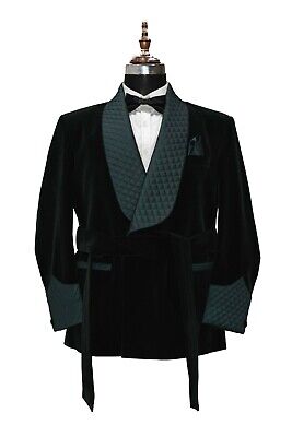 Pre-owned Handmade Men Green Smoking Jackets Dressing Gown Quilted Lapel Belted Dinner Party Wear Coats Uk