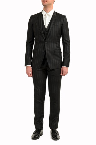 Pre-owned Dolce & Gabbana Men's "gold" 100% Wool Striped Two Button Three Piece Suit In Gray/beige