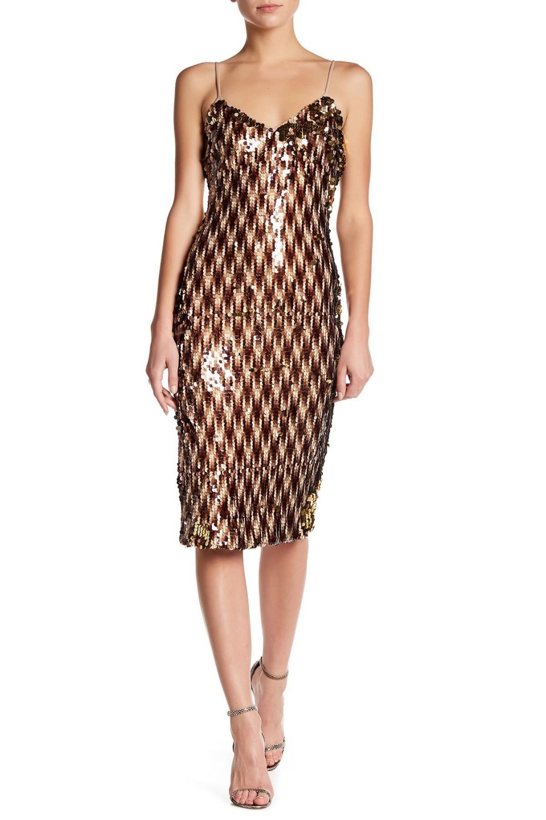 

НОВОЕ ПЛАТЬЕ THE POPULATION Коричневое, шоколадное, золотое, с пайетками, Nina Midi Bodycon Slip, Multicolor, NINA