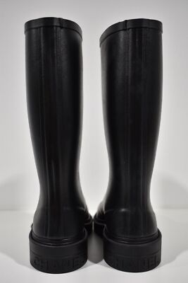 Pre-owned Chanel Rev Black White Caoutchouc Cc Logo High Pull On Rubber Rain Boots 36