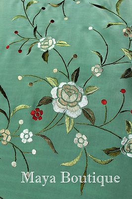 Pre-owned Maya Matazaro Embroidered Silk Fringe Jacket Kimono Tiffany Green Hand Dyed  Usa