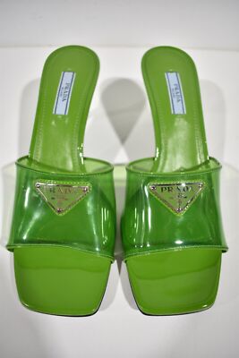 Pre-owned Prada Plexiglas Green Pvc Patent Leather Backless Sandal Mule Heel Pump 40