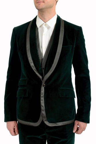 Pre-owned Dolce & Gabbana Men's Emerald Green Velour One Button Three Piece Suit